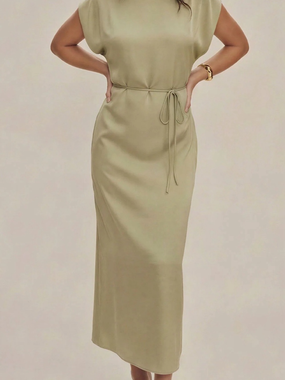 glam Olive Tie-Waist Midi Dress